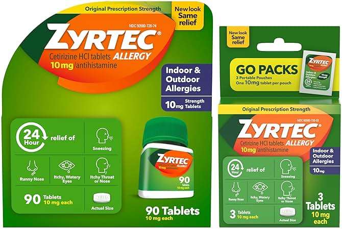 Zyrtec 24 Hour Allergy Relief Tablets, Cetirizine Tablets for Symptoms Like Sneezing, Runny Nose, Itchy, Watery Eyes, 90-Count Size Plus 3x1-Count Packs - Image 1