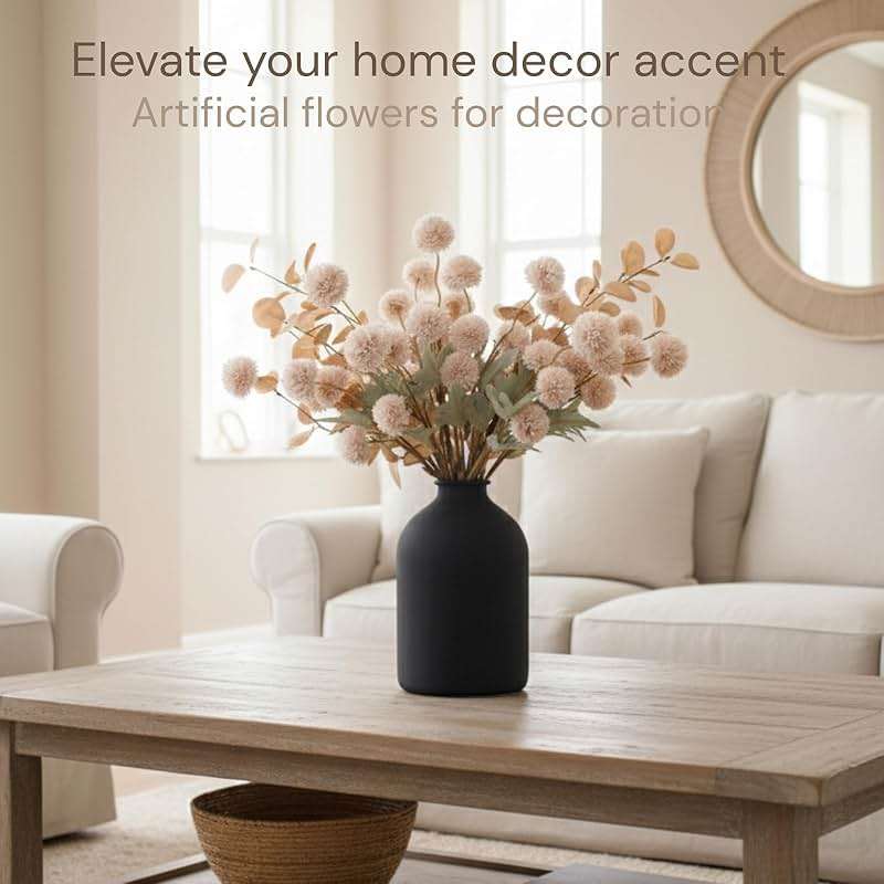 Artificial Flowers for Vase - Beige Silk Mums 10 Long Stems with Eucalyptus, Faux Flowers Home Decor, Neutral Tan Cream Floral Arrangement, Fake Chrysanthemum Pom Pom Stems, Spring Fall Centerpiece - Image 3