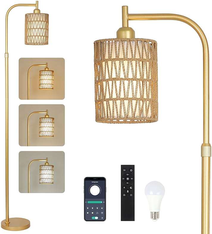 LAMSU Modern Gold Floor Lamps for Living Room, Boho Rattan Floor Lamp with Remote & Dimmable LED Bulb, Farmhouse Standing Lamp with Rattan Shades, Minimalist Tall Pole Lamp for Bedroom Office - Image 1