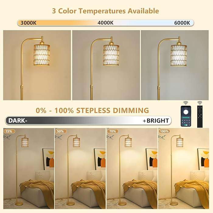 LAMSU Modern Gold Floor Lamps for Living Room, Boho Rattan Floor Lamp with Remote & Dimmable LED Bulb, Farmhouse Standing Lamp with Rattan Shades, Minimalist Tall Pole Lamp for Bedroom Office - Image 2