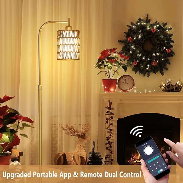 LAMSU Modern Gold Floor Lamps for Living Room, Boho Rattan Floor Lamp with Remote & Dimmable LED Bulb, Farmhouse Standing Lamp with Rattan Shades, Minimalist Tall Pole Lamp for Bedroom Office - Image 3