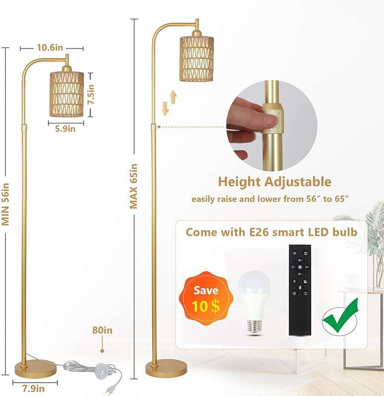 LAMSU Modern Gold Floor Lamps for Living Room, Boho Rattan Floor Lamp with Remote & Dimmable LED Bulb, Farmhouse Standing Lamp with Rattan Shades, Minimalist Tall Pole Lamp for Bedroom Office - Image 4