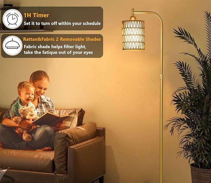 LAMSU Modern Gold Floor Lamps for Living Room, Boho Rattan Floor Lamp with Remote & Dimmable LED Bulb, Farmhouse Standing Lamp with Rattan Shades, Minimalist Tall Pole Lamp for Bedroom Office - Image 5