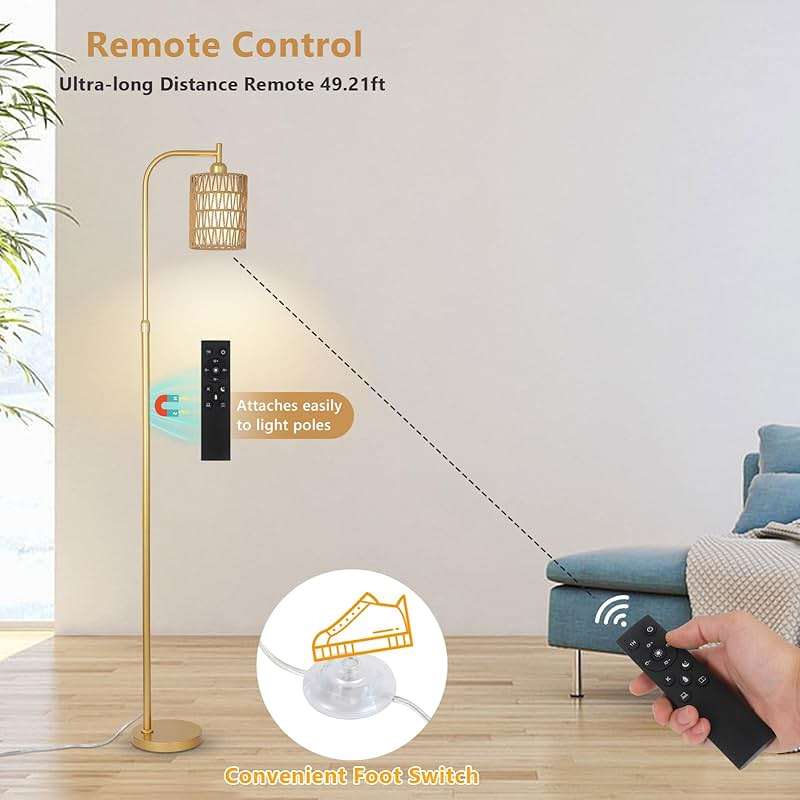 LAMSU Modern Gold Floor Lamps for Living Room, Boho Rattan Floor Lamp with Remote & Dimmable LED Bulb, Farmhouse Standing Lamp with Rattan Shades, Minimalist Tall Pole Lamp for Bedroom Office - Image 6