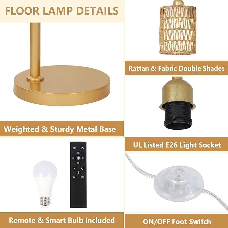 LAMSU Modern Gold Floor Lamps for Living Room, Boho Rattan Floor Lamp with Remote & Dimmable LED Bulb, Farmhouse Standing Lamp with Rattan Shades, Minimalist Tall Pole Lamp for Bedroom Office - Image 7