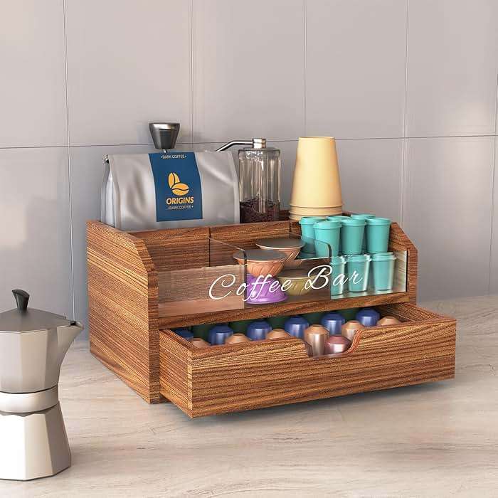 NiHome Solid Wood & Acrylic Coffee Station Organizer with Storage Drawer, Multi-Purpose Adjustable Compartments Coffee Pod Holder for Home, Office, Hotel, Kitchen Counter Storage for Tea, Sugar, Cups - Image 5
