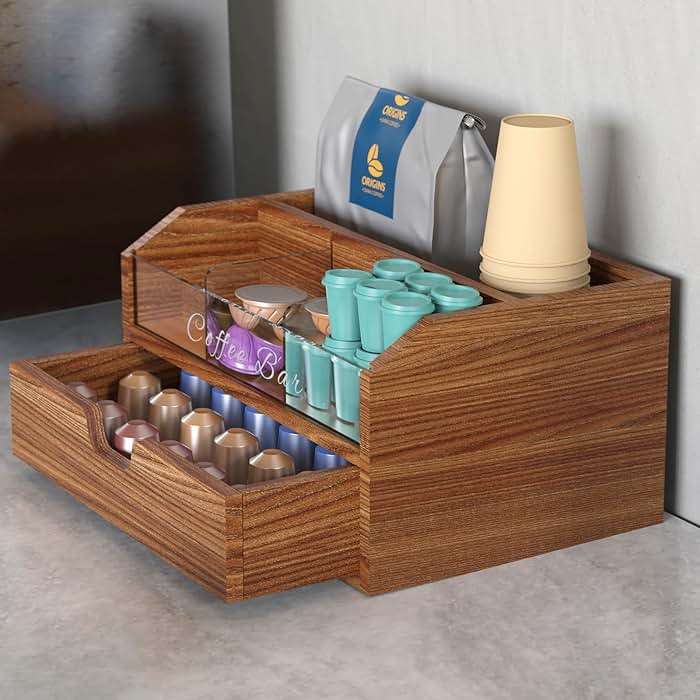 NiHome Solid Wood & Acrylic Coffee Station Organizer with Storage Drawer, Multi-Purpose Adjustable Compartments Coffee Pod Holder for Home, Office, Hotel, Kitchen Counter Storage for Tea, Sugar, Cups - Image 6