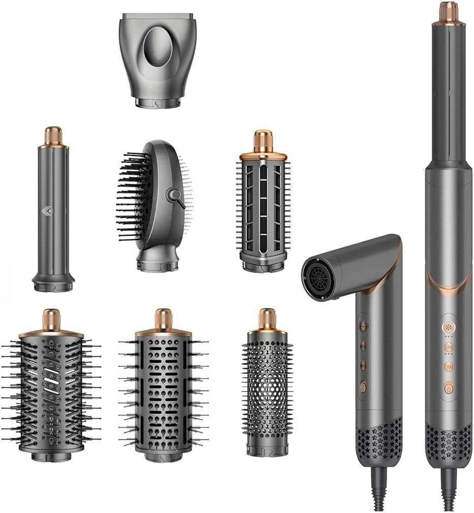 8 in 1 Hair Styler & Air Dryer Wrap Curler, High-Speed Negative Ionic Foldable Hair Tools Fast Drying, Multi Professional Hot Air Styler for Curling Volumizing Straightening Styling (Grey) - Image 1