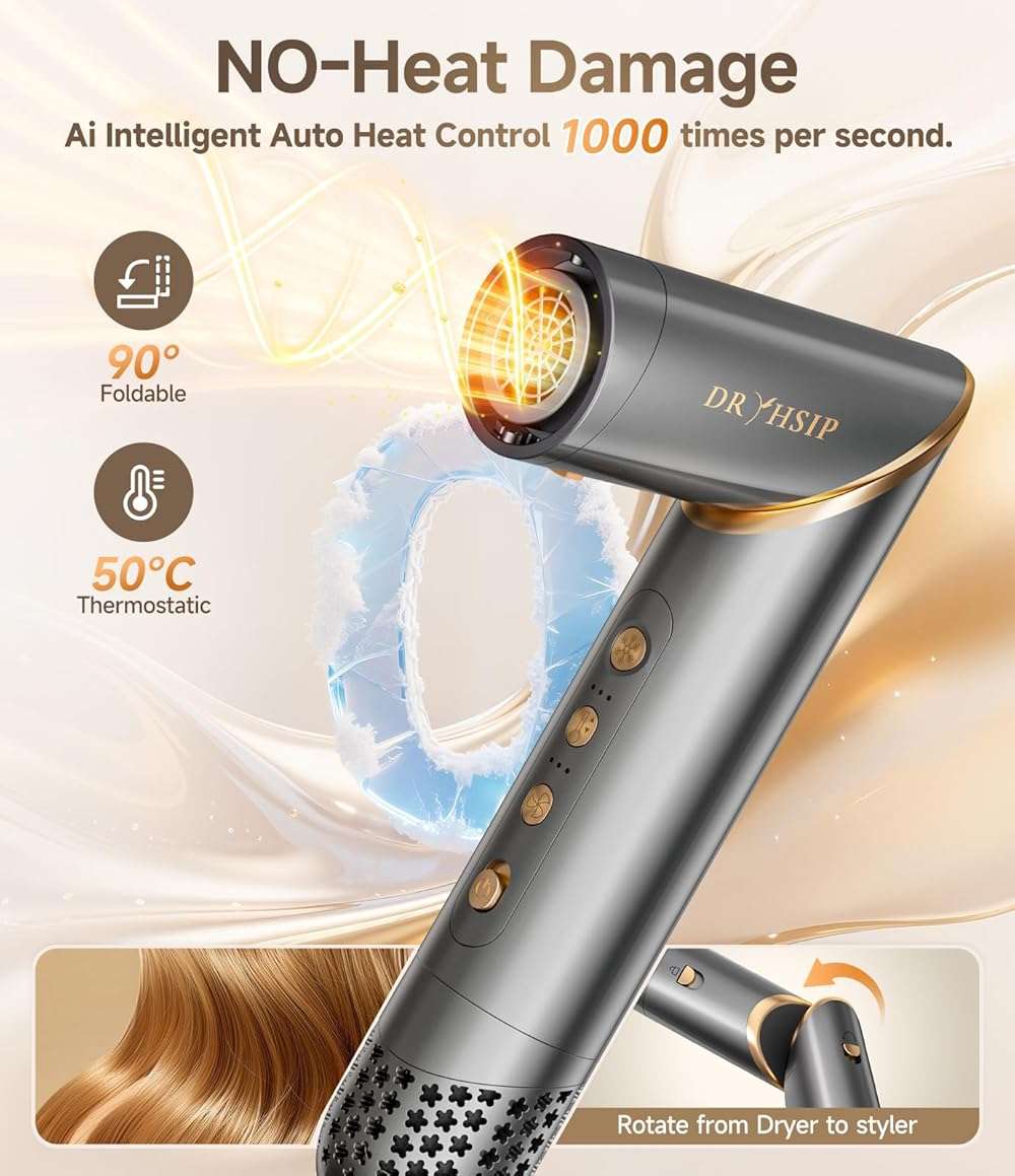 8 in 1 Hair Styler & Air Dryer Wrap Curler, High-Speed Negative Ionic Foldable Hair Tools Fast Drying, Multi Professional Hot Air Styler for Curling Volumizing Straightening Styling (Grey) - Image 2