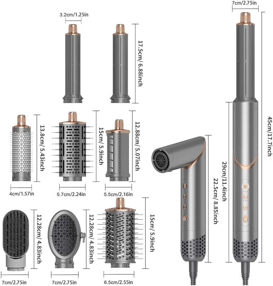 8 in 1 Hair Styler & Air Dryer Wrap Curler, High-Speed Negative Ionic Foldable Hair Tools Fast Drying, Multi Professional Hot Air Styler for Curling Volumizing Straightening Styling (Grey) - Image 8