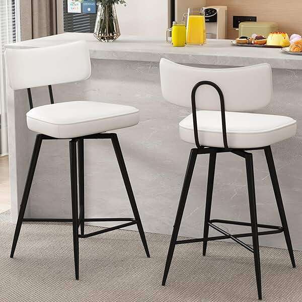 GXJ Bar Stools Set of 2, Kitchen Counter stools with Backs and Metal Legs, 26" Swivel Barstools for Counter Height, Faux Leather in White - Image 1