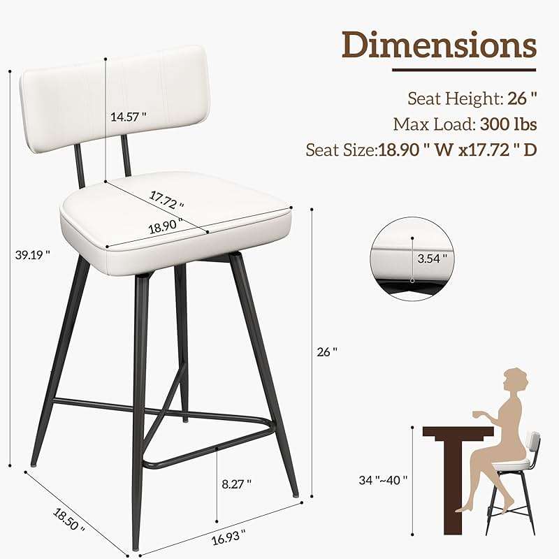 GXJ Bar Stools Set of 2, Kitchen Counter stools with Backs and Metal Legs, 26" Swivel Barstools for Counter Height, Faux Leather in White - Image 2