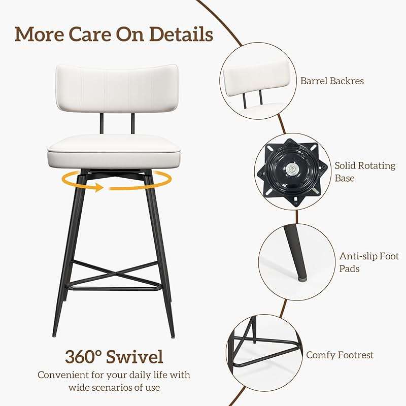 GXJ Bar Stools Set of 2, Kitchen Counter stools with Backs and Metal Legs, 26" Swivel Barstools for Counter Height, Faux Leather in White - Image 4
