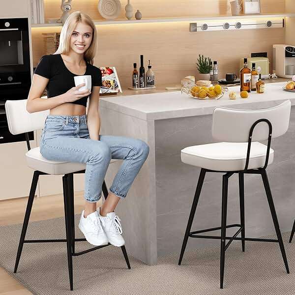GXJ Bar Stools Set of 2, Kitchen Counter stools with Backs and Metal Legs, 26" Swivel Barstools for Counter Height, Faux Leather in White - Image 7