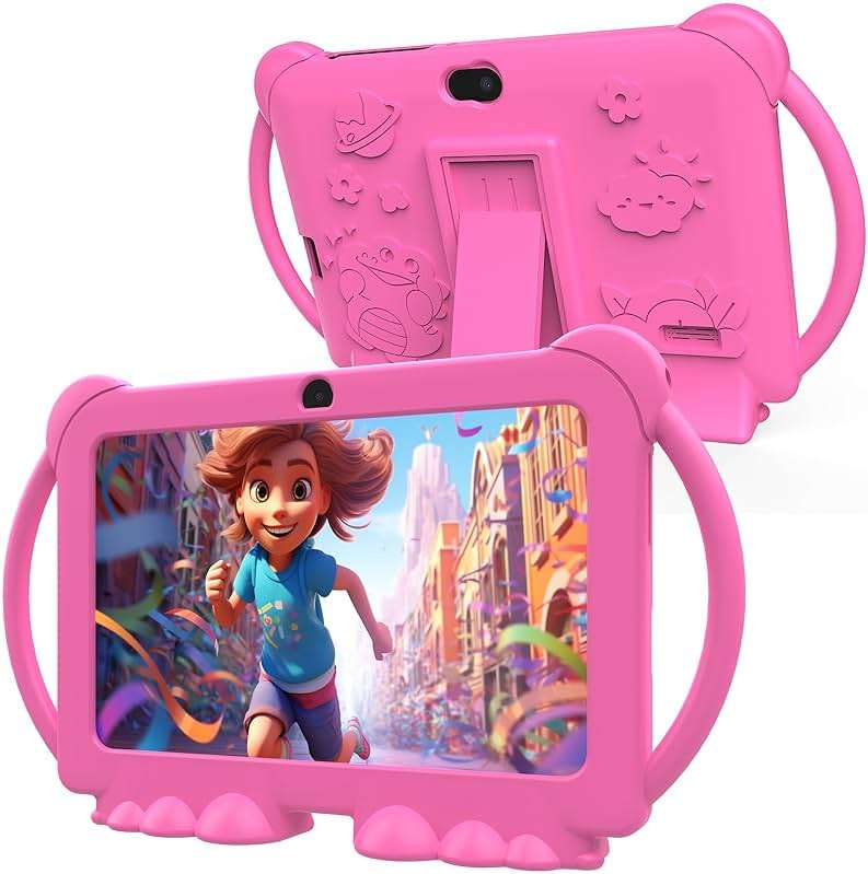 PEICHENG Kids Tablet 7 inch Android 12.0 for Toddler, 4GB RAM 32GB ROM Bluetooth IPS Screen Parental Control Dual Camera Shockproof Case for Educational Games, (Pink) - Image 1