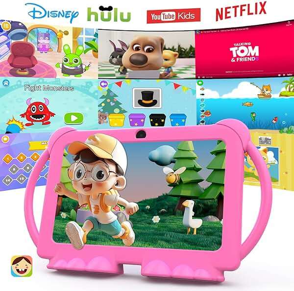 PEICHENG Kids Tablet 7 inch Android 12.0 for Toddler, 4GB RAM 32GB ROM Bluetooth IPS Screen Parental Control Dual Camera Shockproof Case for Educational Games, (Pink) - Image 2