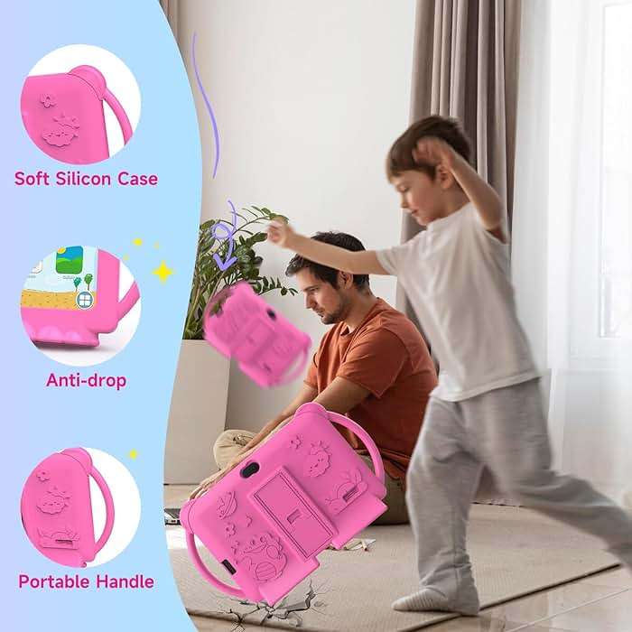 PEICHENG Kids Tablet 7 inch Android 12.0 for Toddler, 4GB RAM 32GB ROM Bluetooth IPS Screen Parental Control Dual Camera Shockproof Case for Educational Games, (Pink) - Image 7