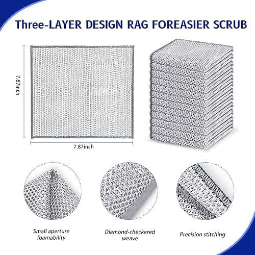 12 PCS 3-Layer Non-Scratch Wire Dishcloths, Reusable Quick-Dry Metal Dishwashing Rags for Wet and Dry Use, Multipurpose Cleaning Cloths for Dishes, Pots, Pans, Sinks and Stove Tops, 7.87 x 7.87 in - Image 2
