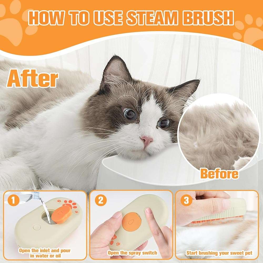 Cat Steam Brushes for indoor Cats Shedding,3 in 1 Silicone Steam Dog Brush for Deshedding Massage Grooming,Rechargeable Pet Hair Remover with Mist Cat & Dog Brush for Long/Short Haired Pets Yellow - Image 6