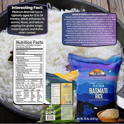 Rani Platinum White Basmati Rice Extra Long Aged 20-Pound Bag, 320oz (20lbs) 9.08kg ~ All Natural | Gluten Friendly | Vegan | Indian Origin | Kosher | Export Quality - Image 2