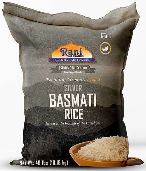 Rani Silver White Basmati Rice Extra Long Aged 40-Pound Bag, 640oz (40lbs) 18.16kg ~ All Natural | Gluten Friendly | Vegan | Indian Origin | Kosher | Export Quality - Image 1