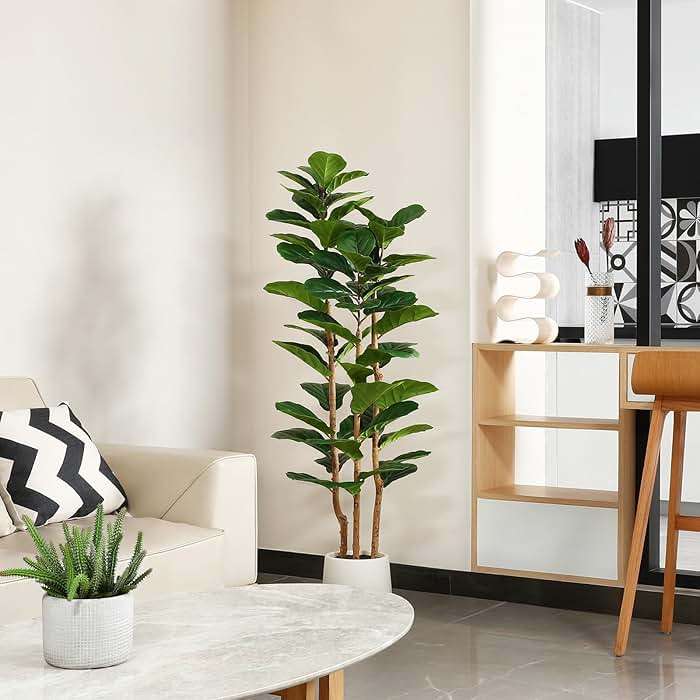OAKRED Artificial Fiddle Leaf Fig Tree with White Planter,5ft Tall Fake Tree with Natural Wood Trunk for Home Decor, Faux Ficus Tree Fake Moss for Indoor Office Living Room - Image 4