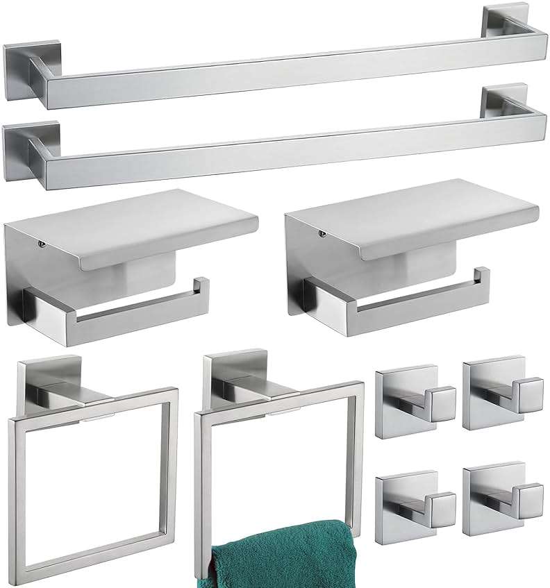 Bathroom Hardware Set Piece Brushed Nickel Bathroom Accessories Set SUS304 Towel Bar Set Includes 2 Towel Bar 24 Inch+2 Towel Holder+2 Toilet Paper Holder+4 Towel Hooks (10, Brushed Nickel) - Image 1