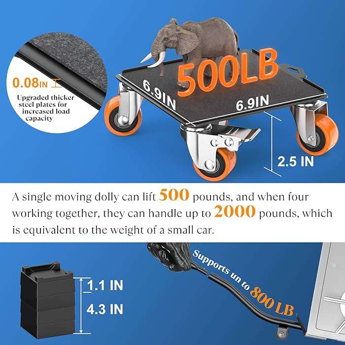 2000 lb Capacity - Heavy Duty Furniture Movers with Wheels and Moving Dolly, Includes Furniture Lifter Jacks Tool Set, Gliders, Sliders, 5 Rollers Casters Cart. Easily Move Furniture, Piano, Equipment - Image 2