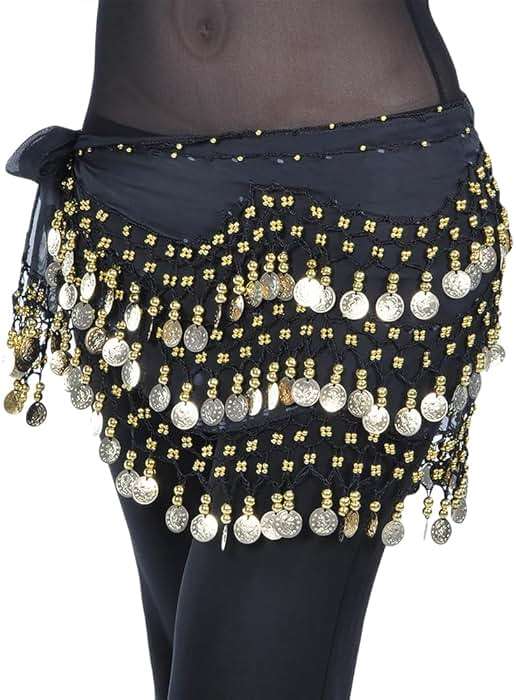 GSHLLO Sparkly Belly Dance Hip Scarf Chiffon Skirt Coin Dancing Skirt Bling Belly Dancer Costumes for Zumba Latin Black - Image 1