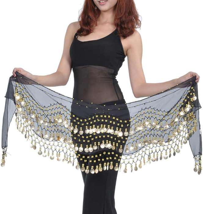 GSHLLO Sparkly Belly Dance Hip Scarf Chiffon Skirt Coin Dancing Skirt Bling Belly Dancer Costumes for Zumba Latin Black - Image 2