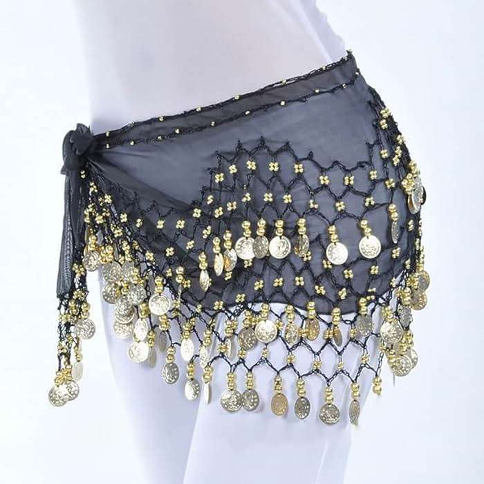 GSHLLO Sparkly Belly Dance Hip Scarf Chiffon Skirt Coin Dancing Skirt Bling Belly Dancer Costumes for Zumba Latin Black - Image 3