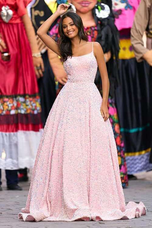 Tianzhihe Sequin Prom Dresses 2026 Long Sparkly Ball Gowns Spaghetti Straps A-Line Formal Evening Party Gown with Pockets - Image 4