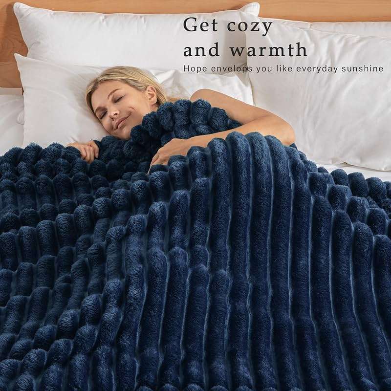 Exclusivo Mezcla Fleece Throw Blanket for Couch, Super Soft Striped Jacquard Bed Blanket, Lightweight Fuzzy Cozy for All Seasons, 50x60 Inches, Navy Blue - Image 3