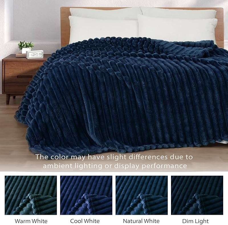 Exclusivo Mezcla Fleece Throw Blanket for Couch, Super Soft Striped Jacquard Bed Blanket, Lightweight Fuzzy Cozy for All Seasons, 50x60 Inches, Navy Blue - Image 4
