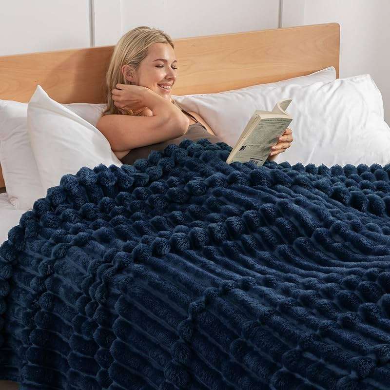 Exclusivo Mezcla Fleece Throw Blanket for Couch, Super Soft Striped Jacquard Bed Blanket, Lightweight Fuzzy Cozy for All Seasons, 50x60 Inches, Navy Blue - Image 5