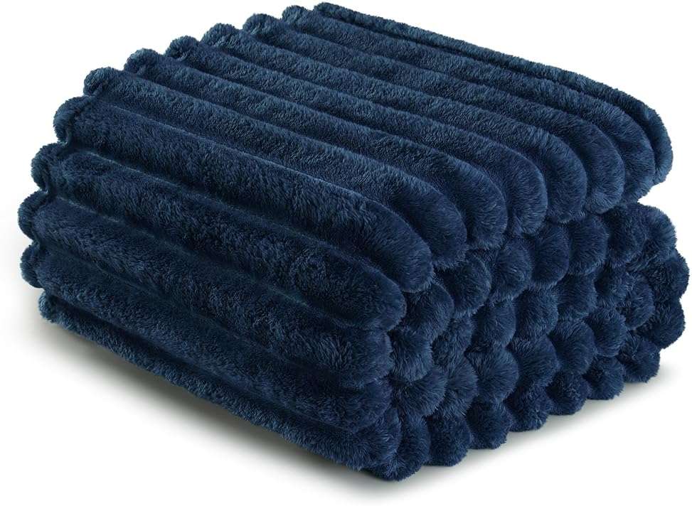 Exclusivo Mezcla Fleece Throw Blanket for Couch, Super Soft Striped Jacquard Bed Blanket, Lightweight Fuzzy Cozy for All Seasons, 50x60 Inches, Navy Blue - Image 9