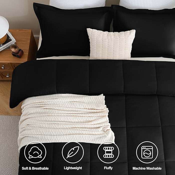 CozyLux Queen Comforter Set Black - 270GSM 3 Pieces Box Stitched Comforters Queen Size, Soft Bed Set for All Seasons, Lightweight Bedding Sets with 1 Down Alternative Comforter and 2 Pillow Shams - Image 2