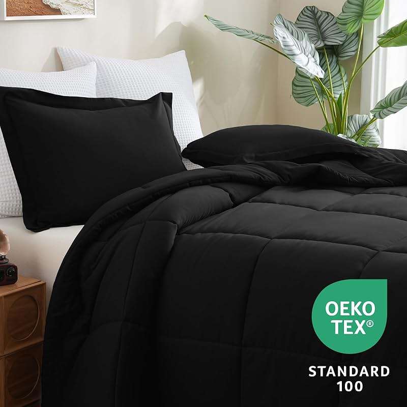 CozyLux Queen Comforter Set Black - 270GSM 3 Pieces Box Stitched Comforters Queen Size, Soft Bed Set for All Seasons, Lightweight Bedding Sets with 1 Down Alternative Comforter and 2 Pillow Shams - Image 3