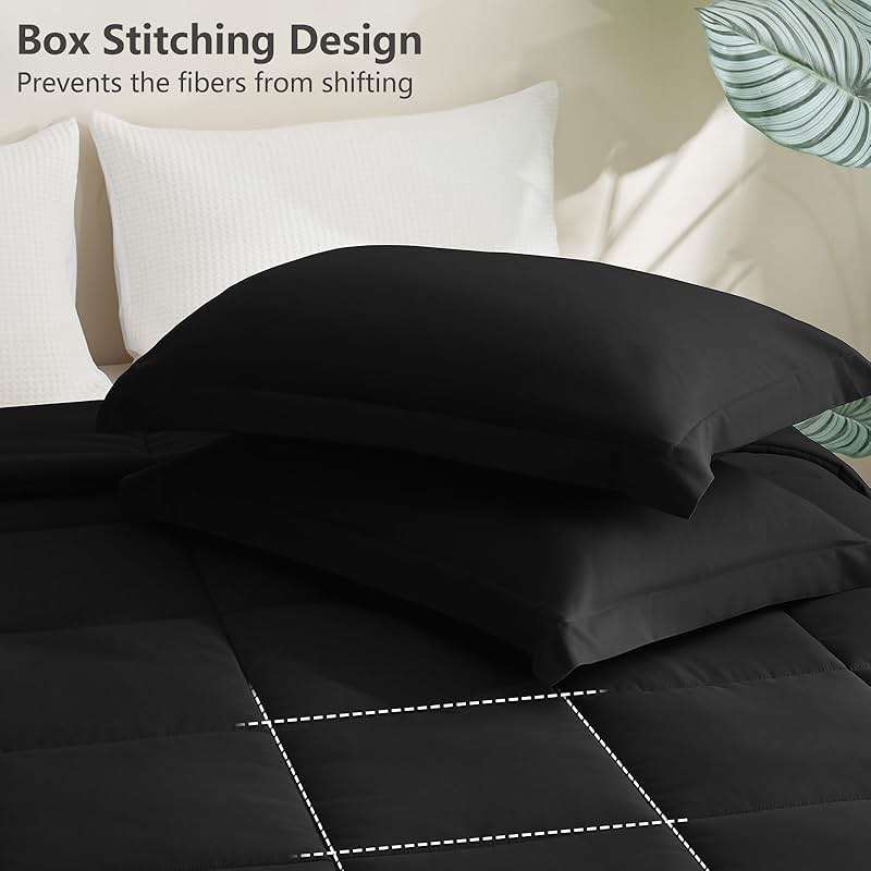 CozyLux Queen Comforter Set Black - 270GSM 3 Pieces Box Stitched Comforters Queen Size, Soft Bed Set for All Seasons, Lightweight Bedding Sets with 1 Down Alternative Comforter and 2 Pillow Shams - Image 4