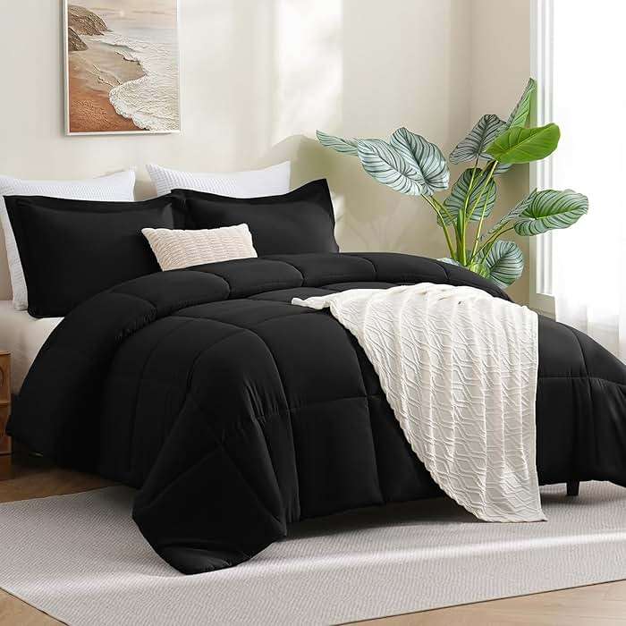 CozyLux Queen Comforter Set Black - 270GSM 3 Pieces Box Stitched Comforters Queen Size, Soft Bed Set for All Seasons, Lightweight Bedding Sets with 1 Down Alternative Comforter and 2 Pillow Shams - Image 5