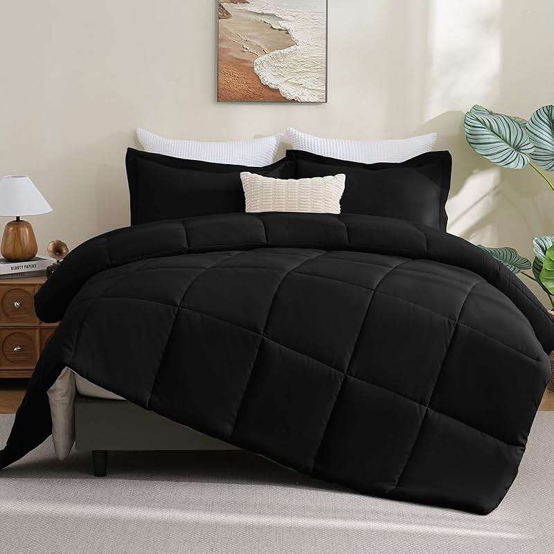 CozyLux Queen Comforter Set Black - 270GSM 3 Pieces Box Stitched Comforters Queen Size, Soft Bed Set for All Seasons, Lightweight Bedding Sets with 1 Down Alternative Comforter and 2 Pillow Shams - Image 6