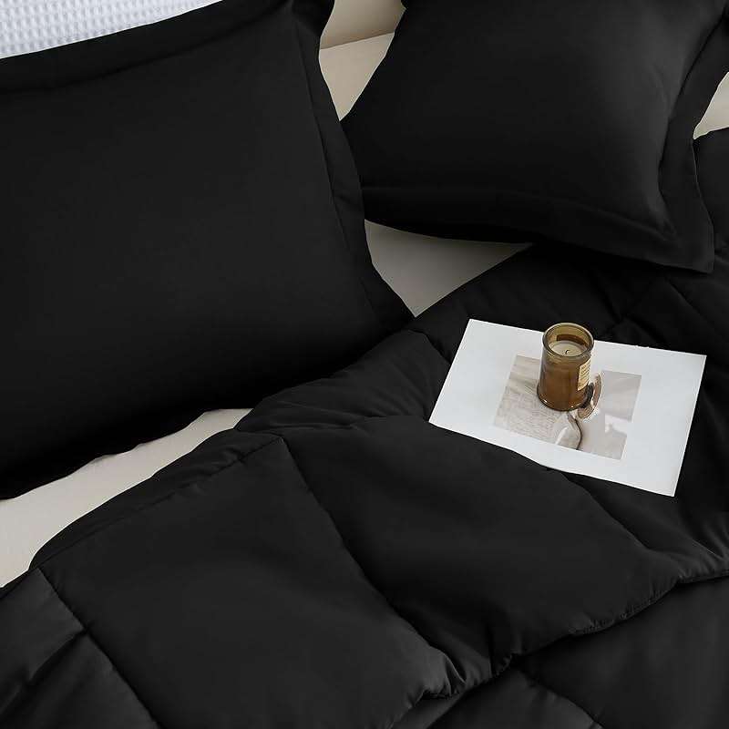 CozyLux Queen Comforter Set Black - 270GSM 3 Pieces Box Stitched Comforters Queen Size, Soft Bed Set for All Seasons, Lightweight Bedding Sets with 1 Down Alternative Comforter and 2 Pillow Shams - Image 8