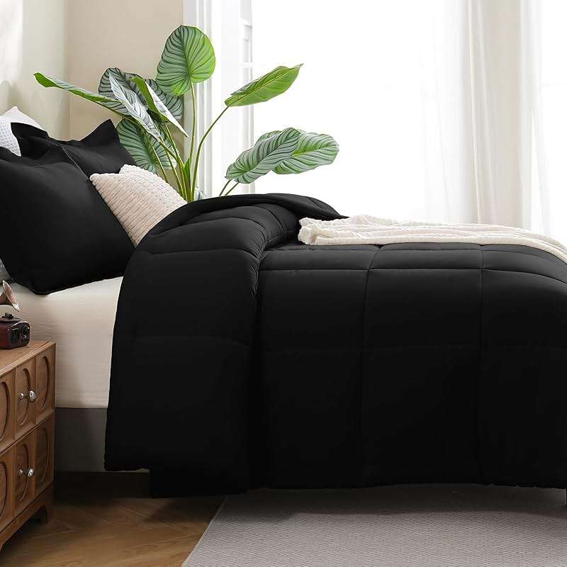 CozyLux Queen Comforter Set Black - 270GSM 3 Pieces Box Stitched Comforters Queen Size, Soft Bed Set for All Seasons, Lightweight Bedding Sets with 1 Down Alternative Comforter and 2 Pillow Shams - Image 9