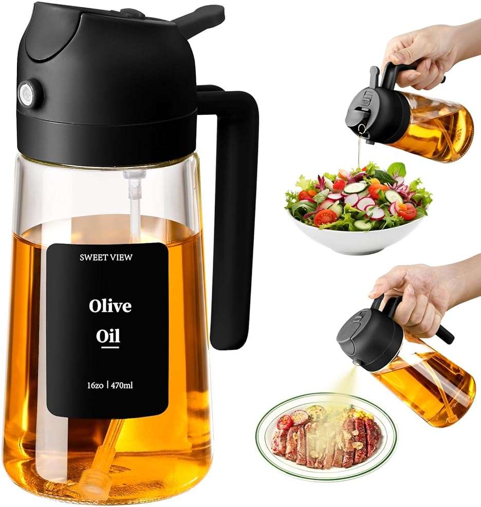 SWEET VIEW Olive Oil Sprayer for Cooking, 16oz/470ml Glass Oil Dispenser/Pour Bottle, Kitchen Accessories, Kitchen Gadgets for Air Fryer, Salad, BBQ, with Stickers (Black) - Image 1
