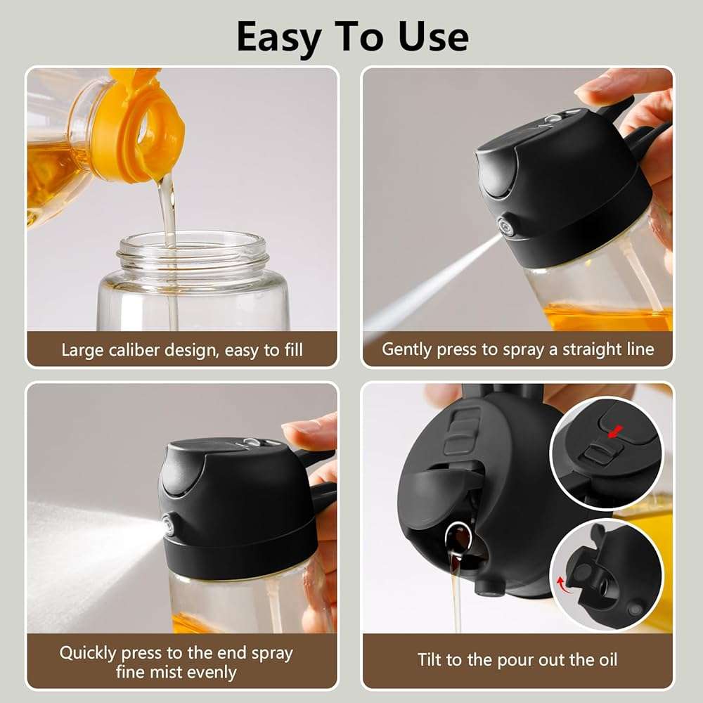SWEET VIEW Olive Oil Sprayer for Cooking, 16oz/470ml Glass Oil Dispenser/Pour Bottle, Kitchen Accessories, Kitchen Gadgets for Air Fryer, Salad, BBQ, with Stickers (Black) - Image 2