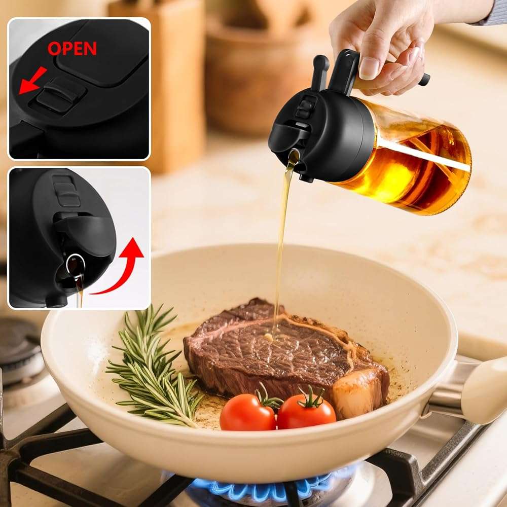 SWEET VIEW Olive Oil Sprayer for Cooking, 16oz/470ml Glass Oil Dispenser/Pour Bottle, Kitchen Accessories, Kitchen Gadgets for Air Fryer, Salad, BBQ, with Stickers (Black) - Image 4