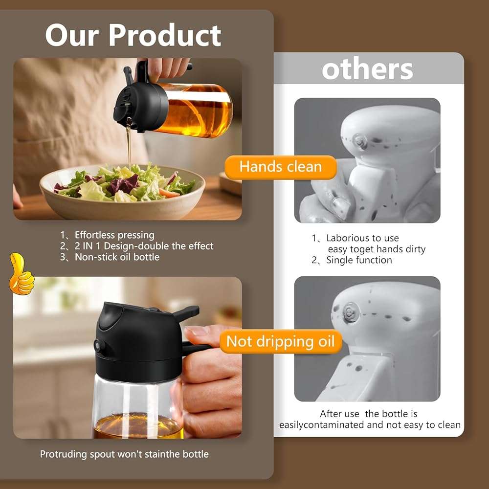 SWEET VIEW Olive Oil Sprayer for Cooking, 16oz/470ml Glass Oil Dispenser/Pour Bottle, Kitchen Accessories, Kitchen Gadgets for Air Fryer, Salad, BBQ, with Stickers (Black) - Image 6