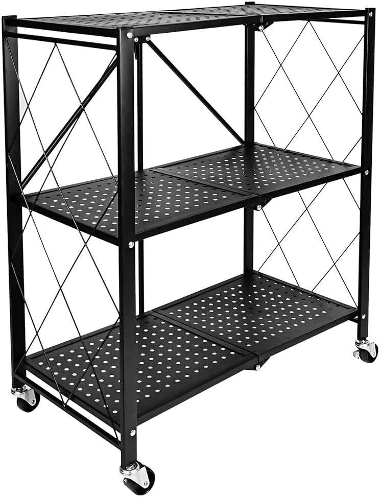 YSSOA 3-Tier Heavy Duty Foldable Metal Rack Storage Shelving Unit with Wheels Moving Easily Organizer Shelves Great for Garage Kitchen, Black - Image 1