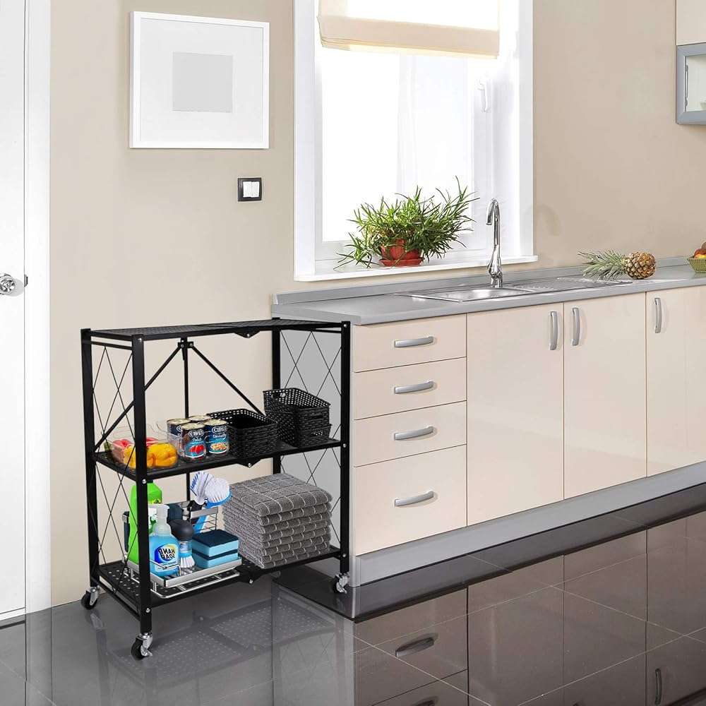 YSSOA 3-Tier Heavy Duty Foldable Metal Rack Storage Shelving Unit with Wheels Moving Easily Organizer Shelves Great for Garage Kitchen, Black - Image 2