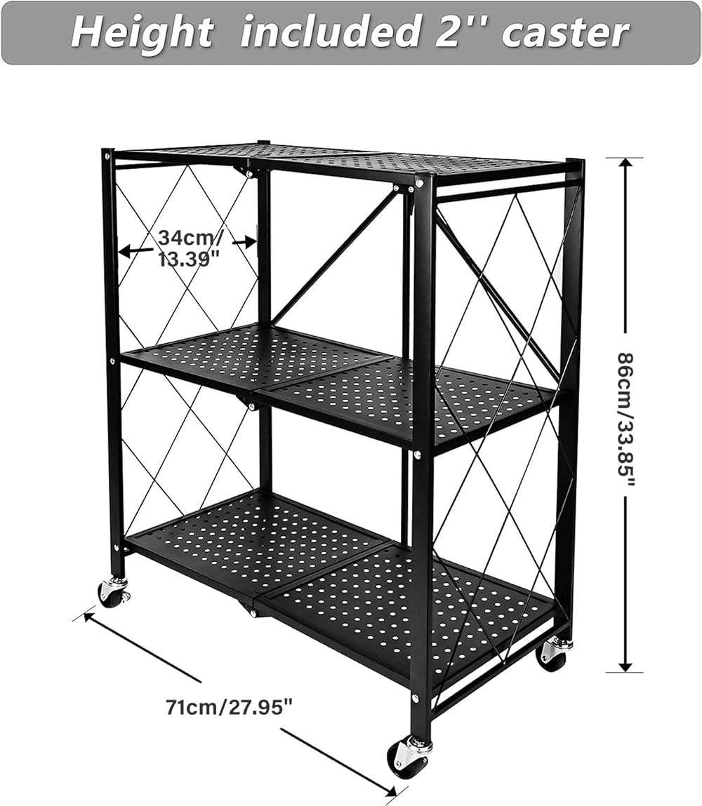 YSSOA 3-Tier Heavy Duty Foldable Metal Rack Storage Shelving Unit with Wheels Moving Easily Organizer Shelves Great for Garage Kitchen, Black - Image 3